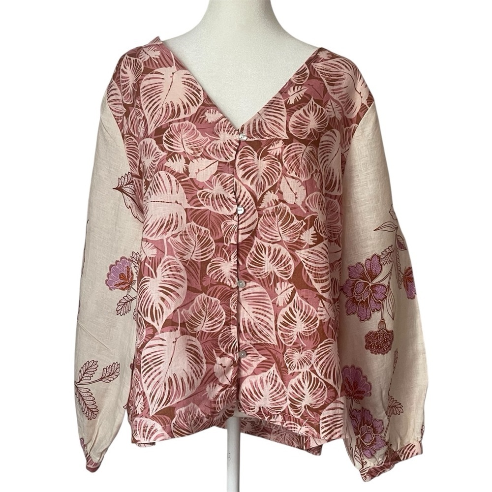 100% Linen Button Down Peasant Prairie Shirt Large
Tahari Mixed Print Pink Boho